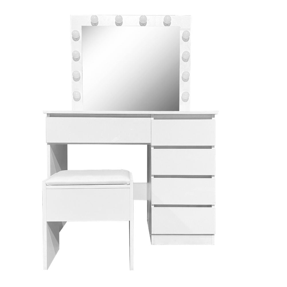 Toeletta da trucco Aurora bianca lucida con specchio led e sgabello 94X43X140H