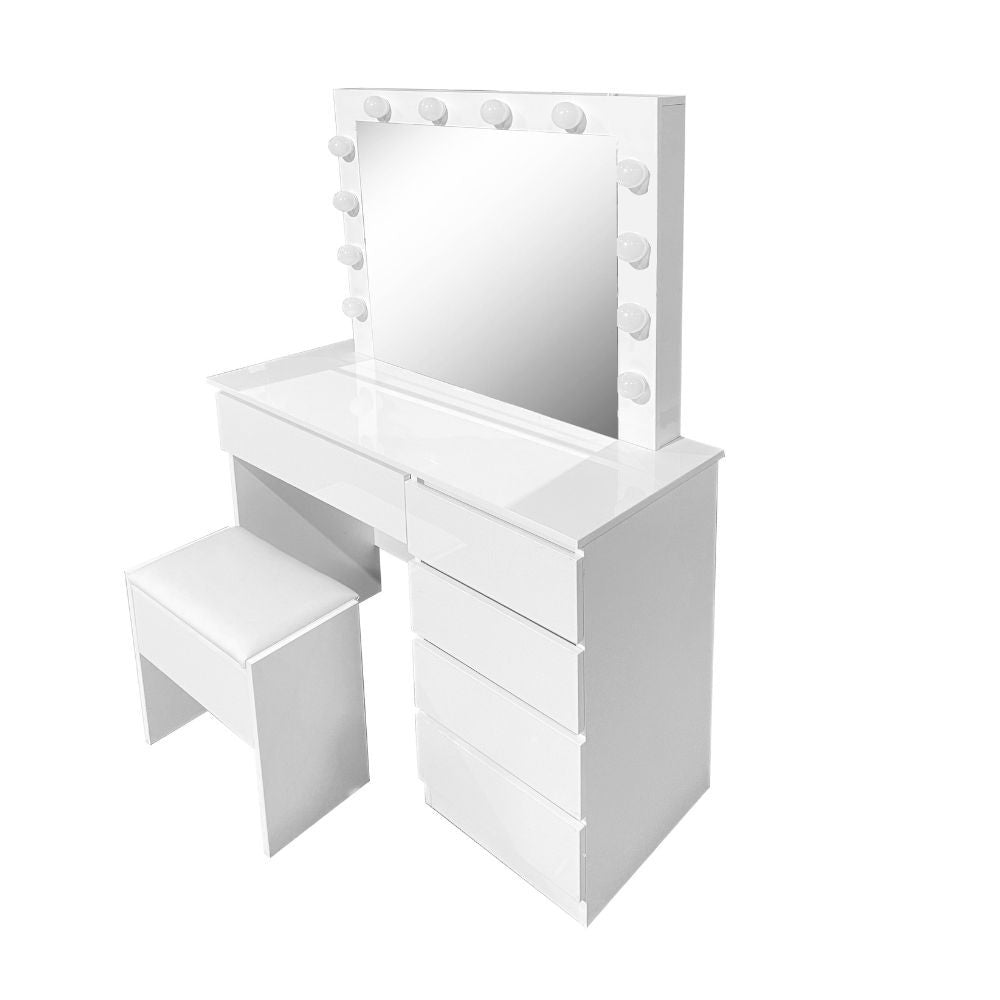 Toeletta da trucco Aurora bianca lucida con specchio led e sgabello 94X43X140H