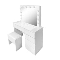 Toeletta da trucco Aurora bianca lucida con specchio led e sgabello 94X43X140H