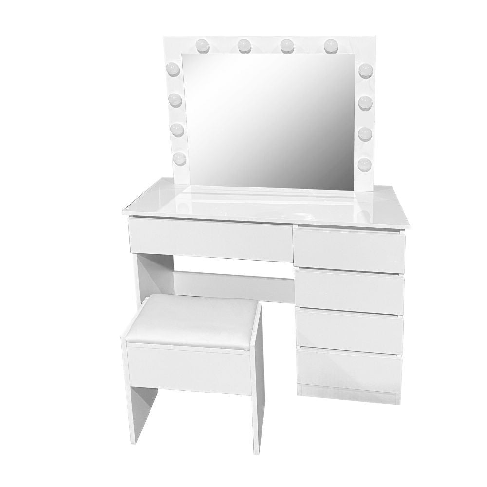 Toeletta da trucco Aurora bianca lucida con specchio led e sgabello 94X43X140H