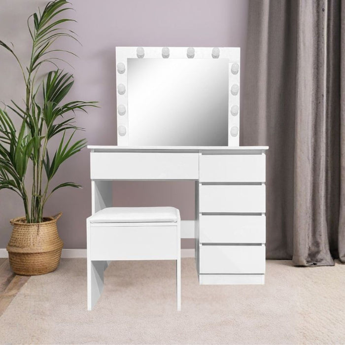 Toeletta da trucco Aurora bianca lucida con specchio led e sgabello 94X43X140H