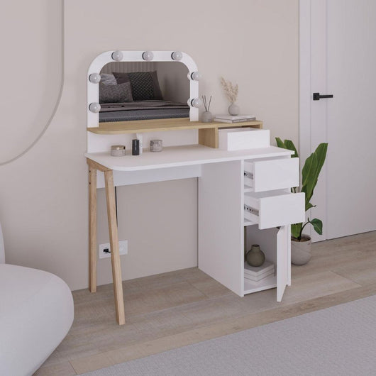 Toeletta da trucco Avien bianco e rovere con specchio e luci LED 105x51.5x131H