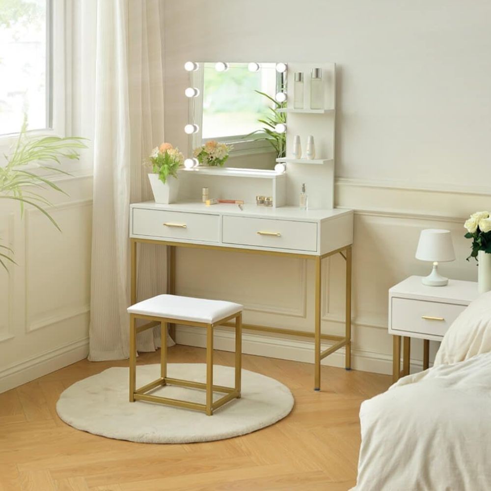 Toeletta da trucco Lunar bianca e oro con LED e sgabello 80x40x145H