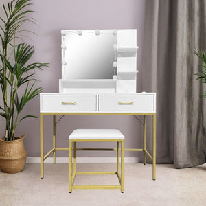 Toeletta da trucco Lunar bianca e oro con LED e sgabello 80x40x145H