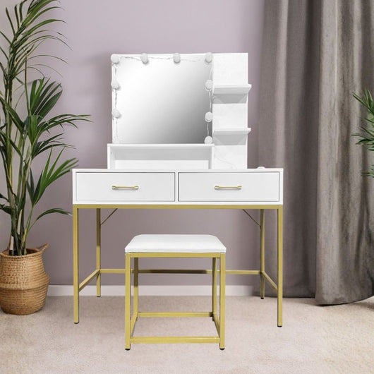 Toeletta da trucco Lunar bianca e oro con LED e sgabello 80x40x145H