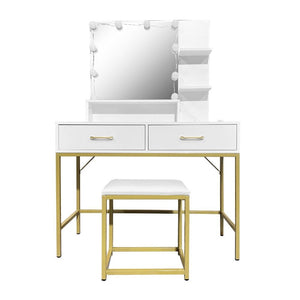 Toeletta da trucco Lunar bianca e oro con LED e sgabello 80x40x145H