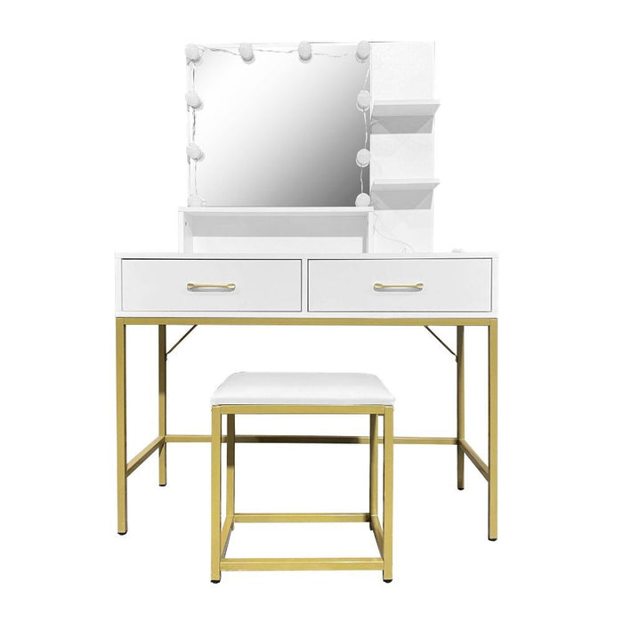 Toeletta da trucco Lunar bianca e oro con LED e sgabello 80x40x145H