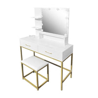 Toeletta da trucco Lunar bianca e oro con LED e sgabello 80x40x145H