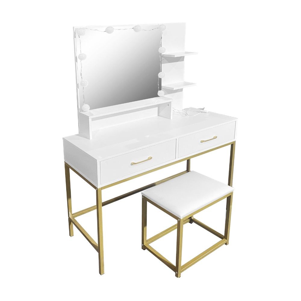 Toeletta da trucco Lunar bianca e oro con LED e sgabello 80x40x145H