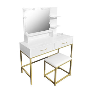 Toeletta da trucco Lunar bianca e oro con LED e sgabello 80x40x145H