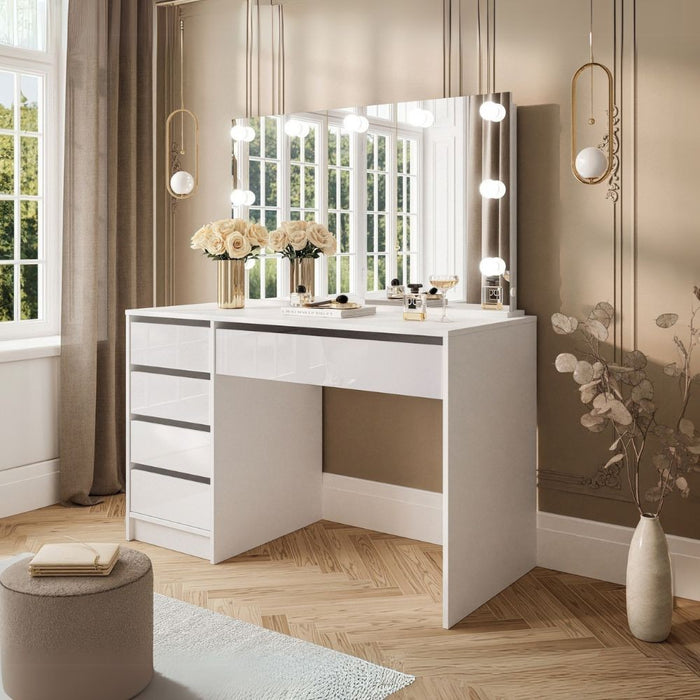 Toeletta trucco Elite bianca con specchio 5 cassetti e lampadine LED 120x55x142,6H