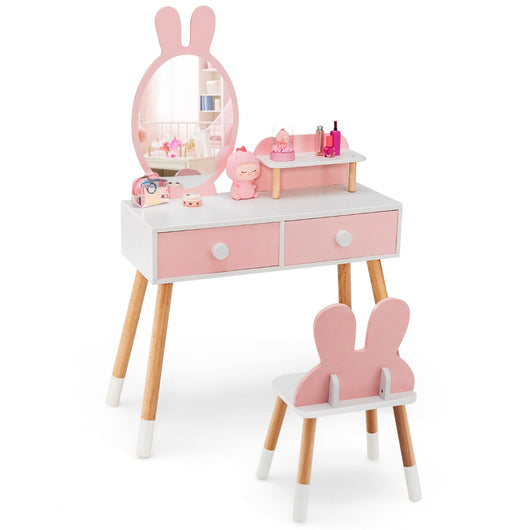 Toeletta con specchio a forma di coniglio per bambini, Set tavolo e sedia toeletta con cassetti e sgabello Rosa-Toelette per bimbi
