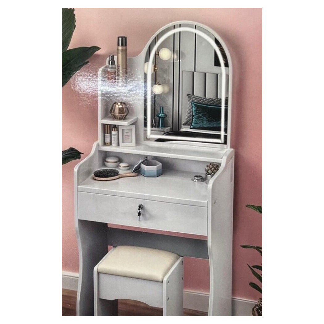 Trade Shop - Toilette Postazione Trucco Con Sgabello Moderno Specchio Con Luce Led Touch 2 Colori -
