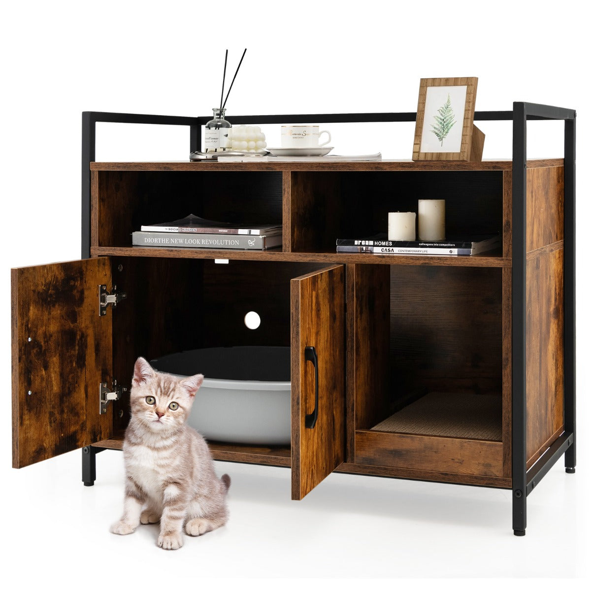 Toilette nascosta per gatti con doppie porte e cartone per graffi, Contenitore per lettiera per gatti Marrone-Lettini e divanetti