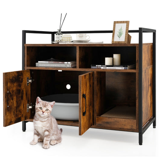 Toilette nascosta per gatti con doppie porte e cartone per graffi, Contenitore per lettiera per gatti Marrone-Lettini e divanetti