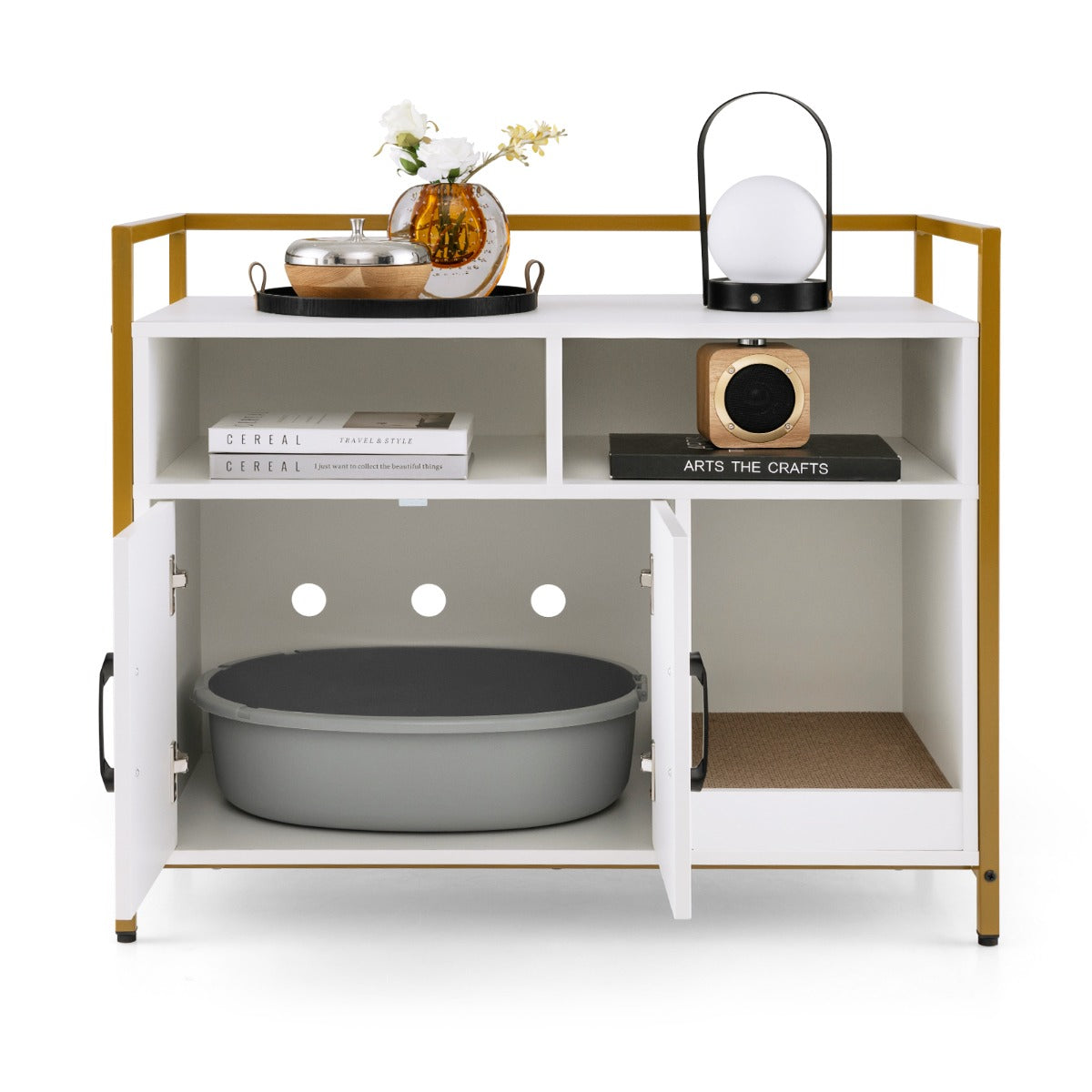 Toilette nascosta per gatti con doppie porte e cartone per graffi, Contenitore per lettiera per gatti Bianco-Lettini e divanetti