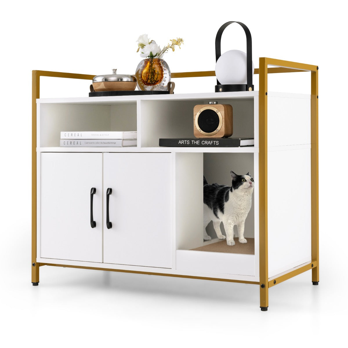 Toilette nascosta per gatti con doppie porte e cartone per graffi, Contenitore per lettiera per gatti Bianco-Lettini e divanetti