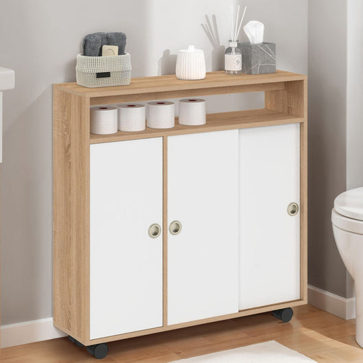 IDMarket - TOMI mobile laterale con rotelle per bagno struttura in faggio piano bianco