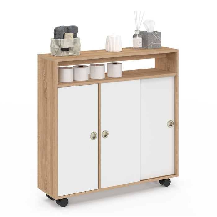 IDMarket - TOMI mobile laterale con rotelle per bagno struttura in faggio piano bianco