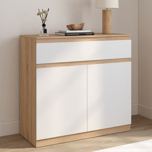 IDMarket - TOMI Scarpiera a 12 paia, 2 ante e 1 cassetto, finitura faggio e bianco