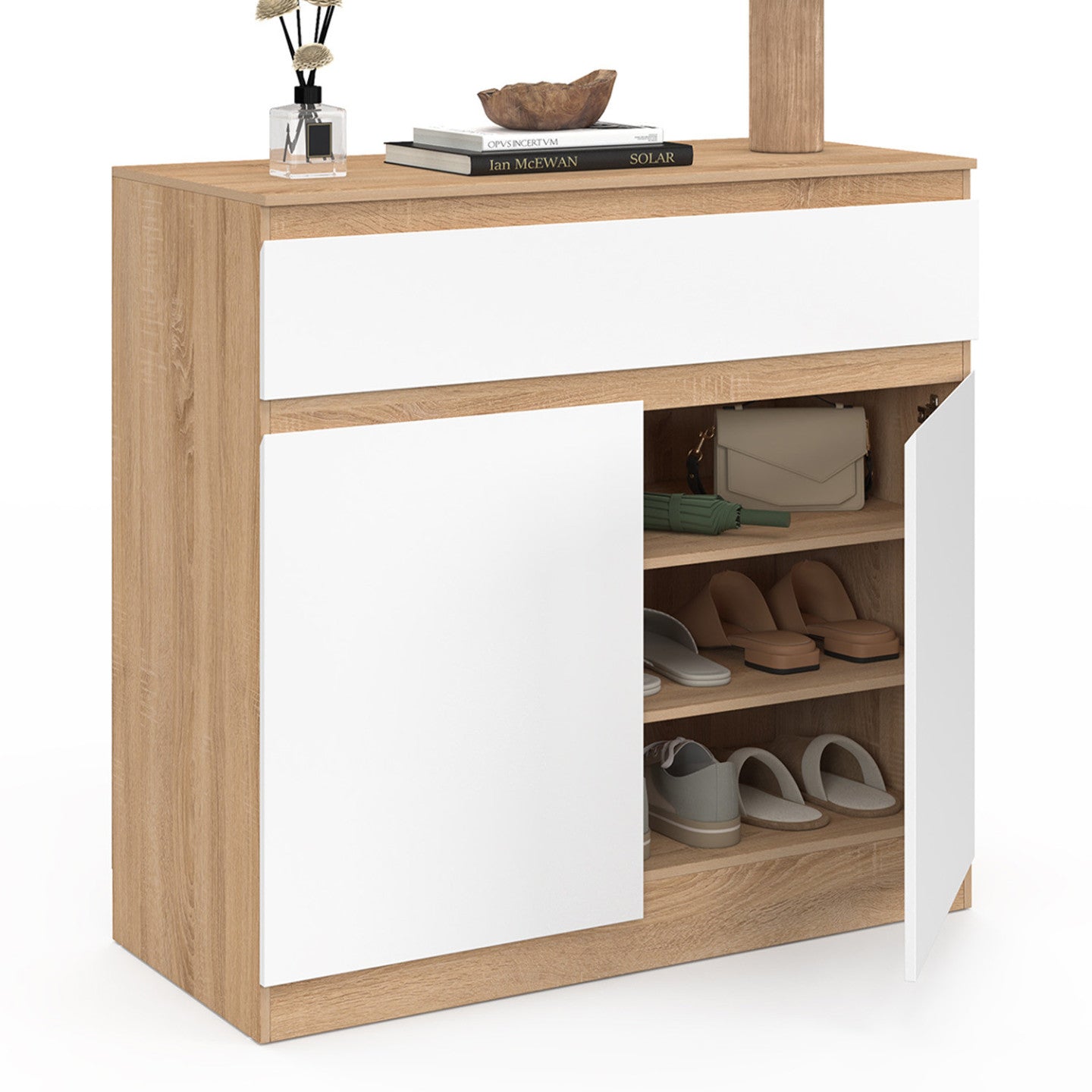 IDMarket - TOMI Scarpiera a 12 paia, 2 ante e 1 cassetto, finitura faggio e bianco