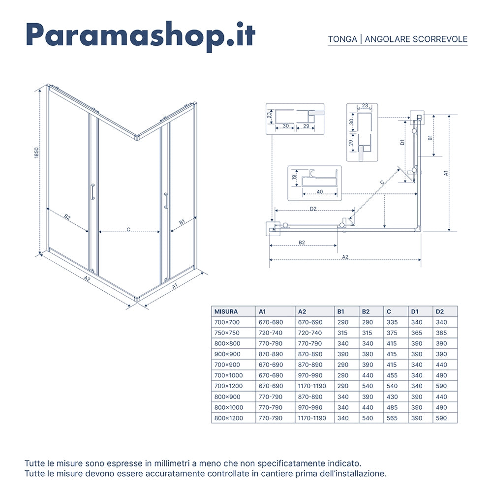 Box doccia 90x90 cm angolare scorrevole profili cromati vetro 6mm stampato h185 | Tonga