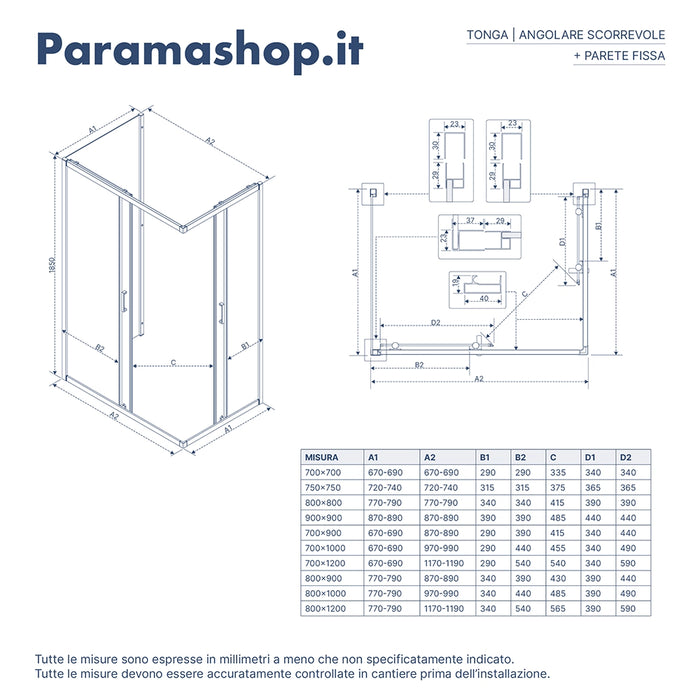 Box doccia nero opaco 3 lati 70x90x70cm con doppio scorrevole e vetro 6mm trasparente h185cm | Tonga