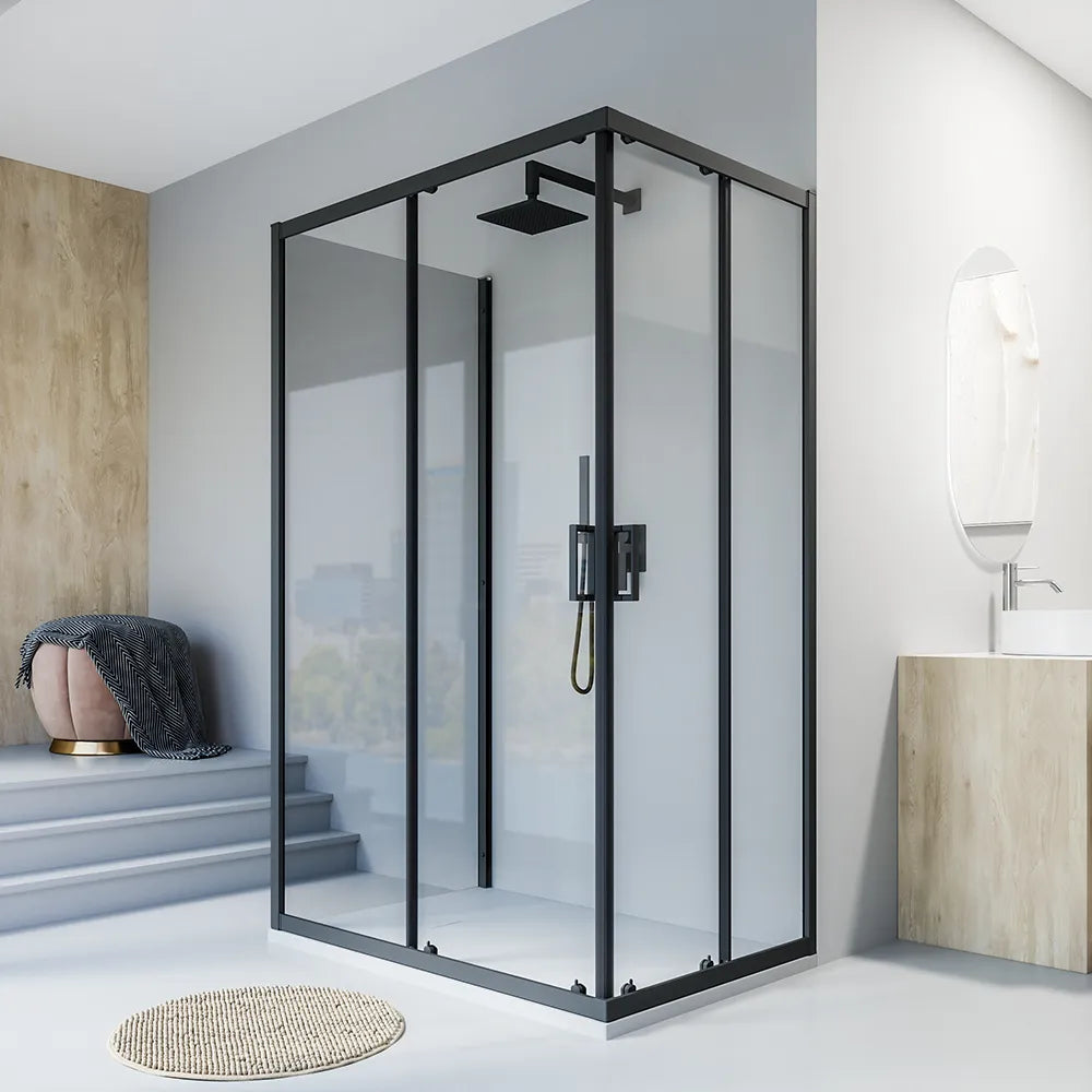 Box doccia nero opaco 3 lati 70x70x70cm con doppio scorrevole e vetro 6mm trasparente h185cm | Tonga