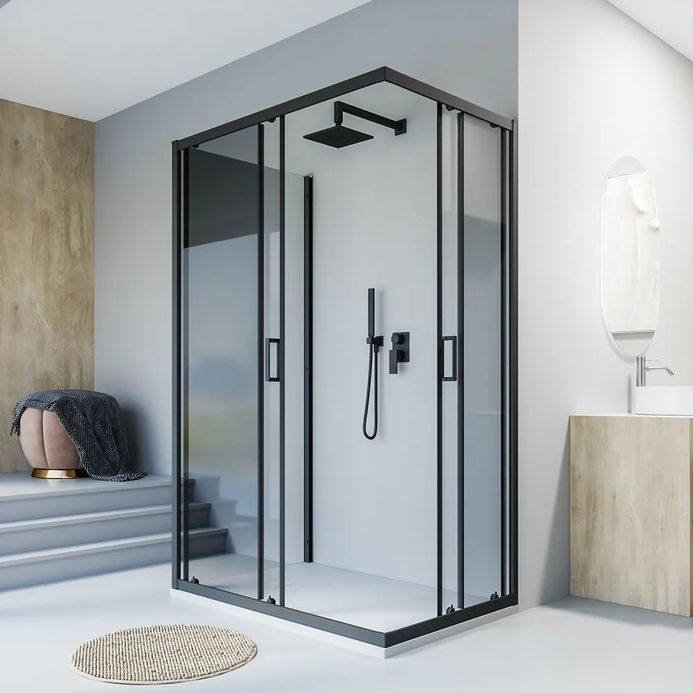 Box doccia nero opaco 3 lati 70x90x70cm con doppio scorrevole e vetro 6mm trasparente h185cm | Tonga