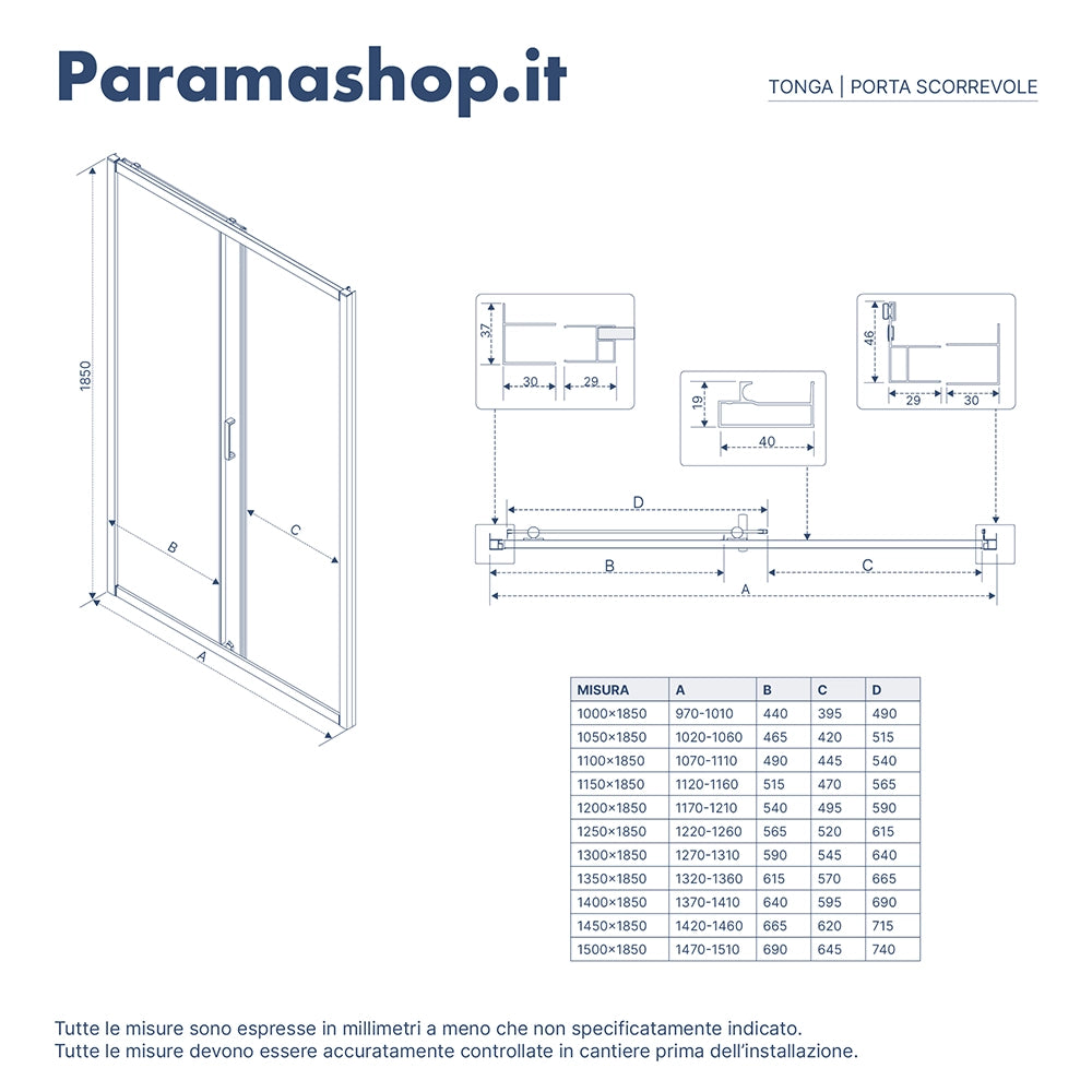 Nicchia doccia 100 cm scorrevole profili nero opaco vetro 6mm fumè h185 | Tonga