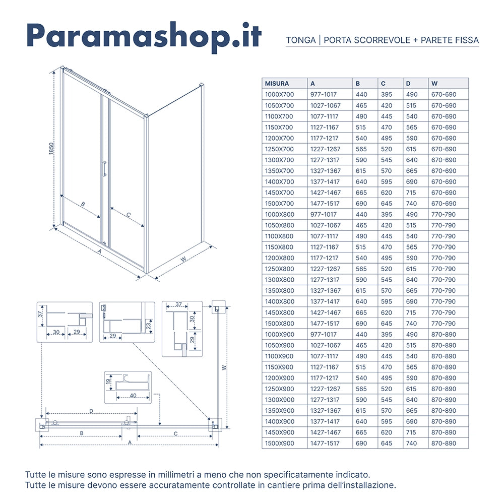 Box doccia 140x80cm scorrevole vetro temperato 6 mm trasparente h185 | Tonga