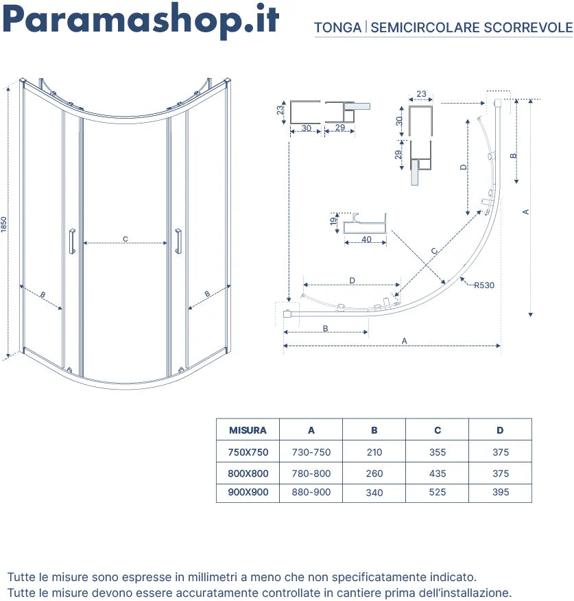 Box doccia semicircolare 75x75 cm profili cromati vetro 6 mm trasparente h185 | Tonga