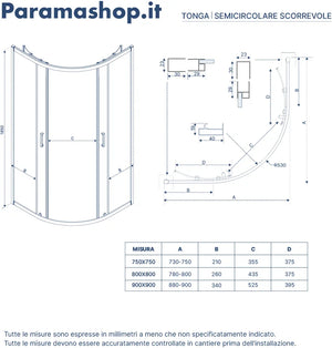 Box doccia semicircolare 80x80 cm profili nero opaco vetro 6mm fumè h185 | Tonga