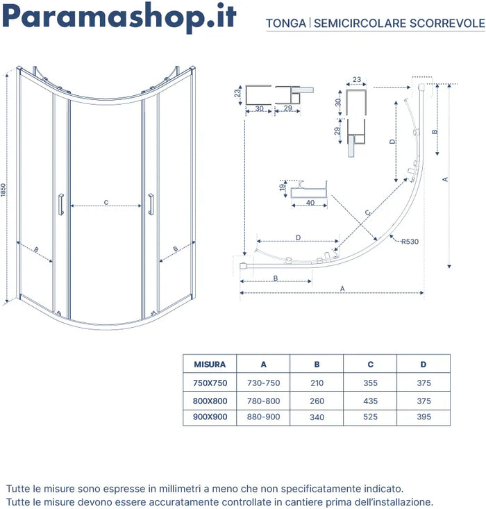 Box doccia semicircolare 75x75 cm profili nero opaco vetro 6mm trasparente h185 | Tonga