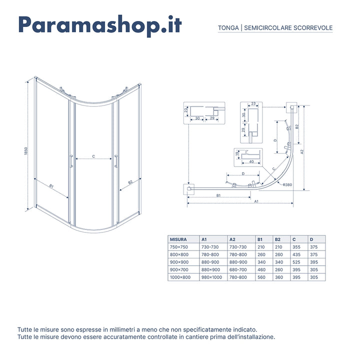 Box doccia semicircolare 90x90 cm profili cromati vetro 6 mm stampato h185 | Tonga