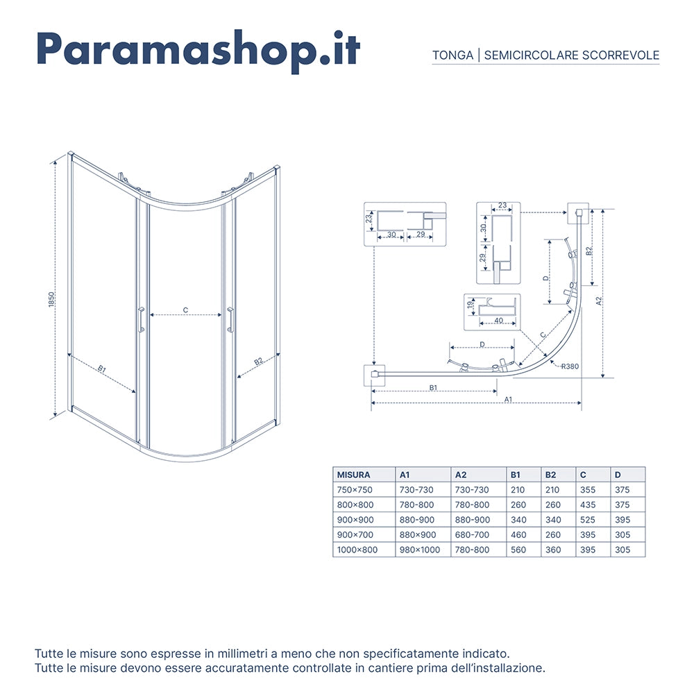 Box doccia semicircolare 80x80 cm profili cromati vetro 6 mm trasparente h185 | Tonga
