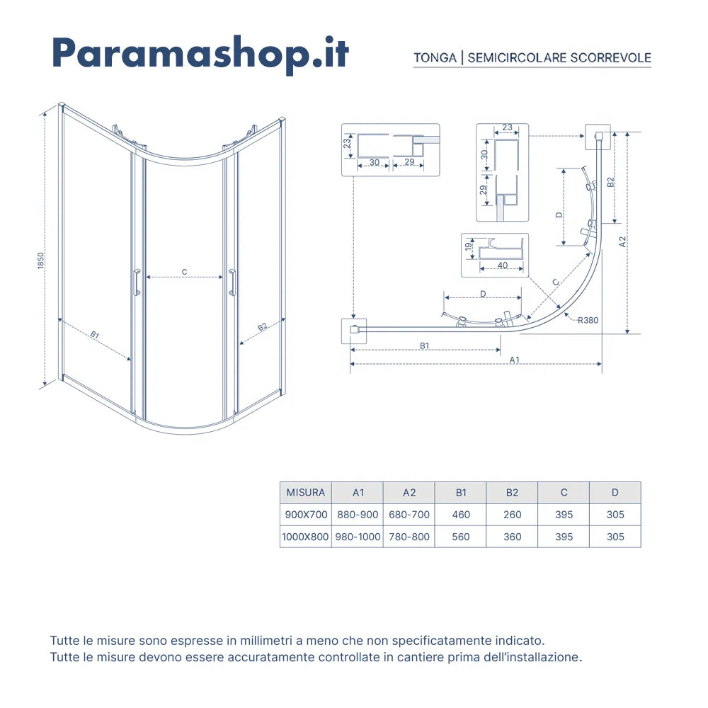 Box doccia semicircolare 80x100 cm profili cromati vetro 6 mm stampato h185 | Tonga
