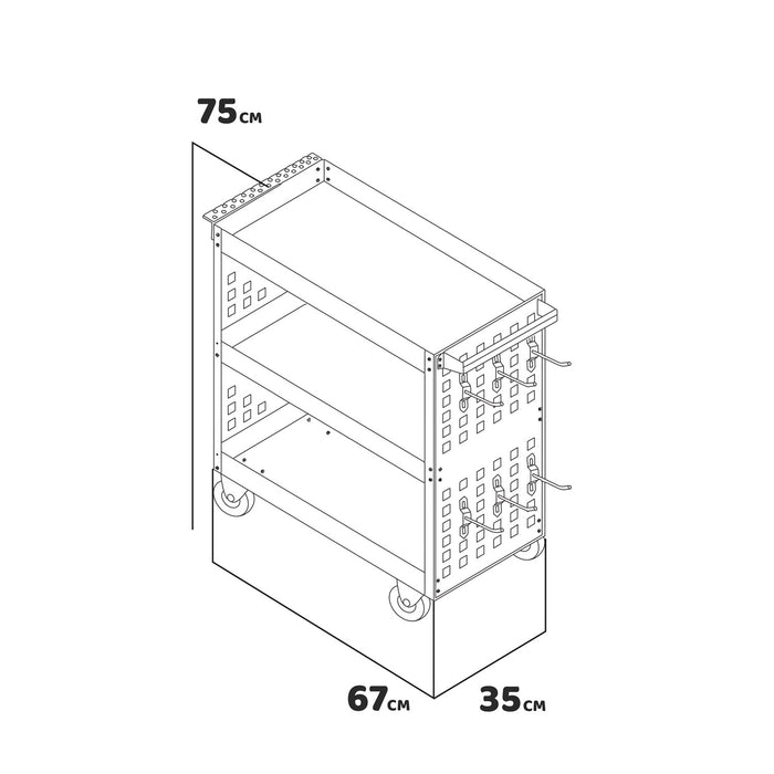 Troller - Carrello da officina a 3 ripiani, pannelli forati laterali e 12 ganci, ruote autobloccanti, superfice di lavoro con tappetino antiscivolo