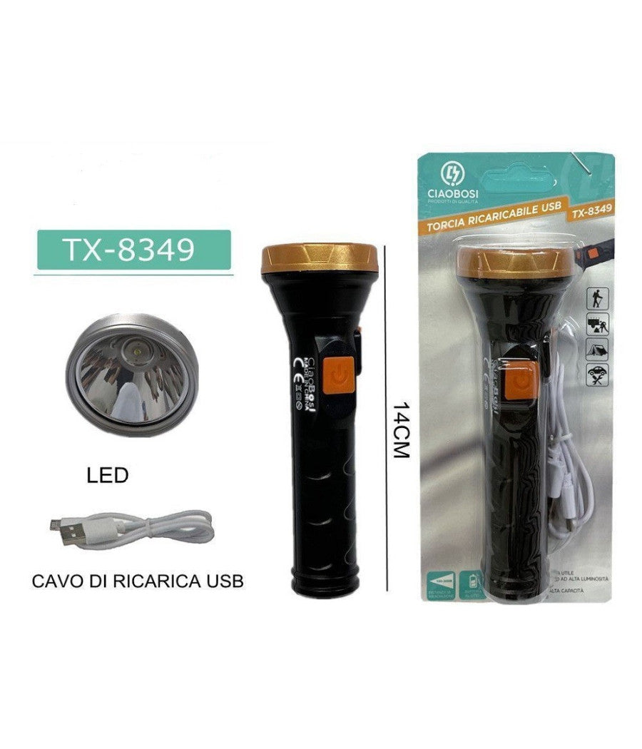 Torcia Elettrica Luce Led Ricaricabile Usb Per Escursionismo Campeggio Tx-8349         