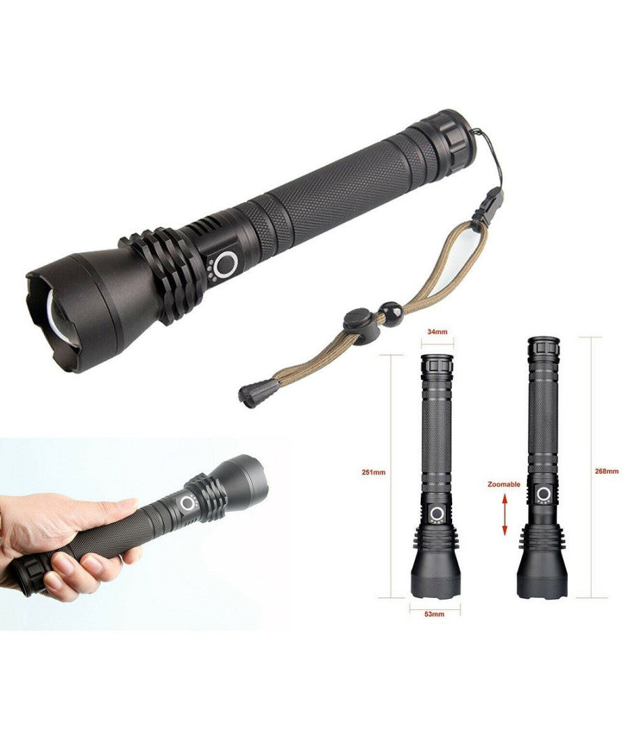 Torcia Lampada Led Cree P50 Ricaricabile 2000 Lumen 80000 W Zoom Doppia Batteria         