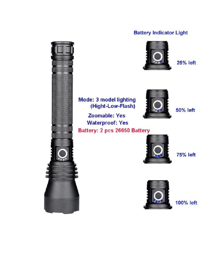 Torcia Lampada Led Cree P50 Ricaricabile 2000 Lumen 80000 W Zoom Doppia Batteria         