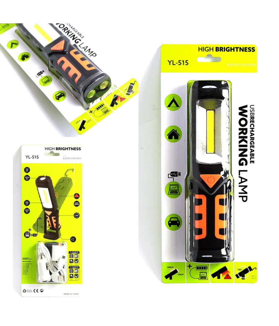 Torcia Lampada Portatile Ricaricabile Led Strip Cob - Base Orientabile E Ganci         