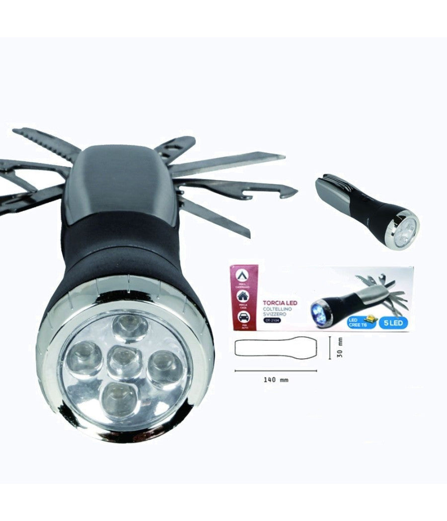 Torcia Led Cree T6 5 Led Ricaricabile Con Coltellino Svizzero Campeggio Dt-2104         