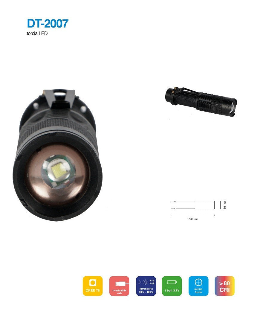 Torcia Led Cree T6 Batteria Ricaricabile Usb Auto Luminosita' Regolabile Dt-2007         