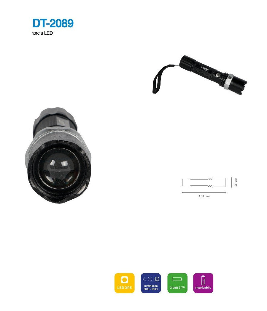 Torcia Led Cree T6 Ricaricabile Usb Auto Luminosita Regolabile Resistente Dt-2089         