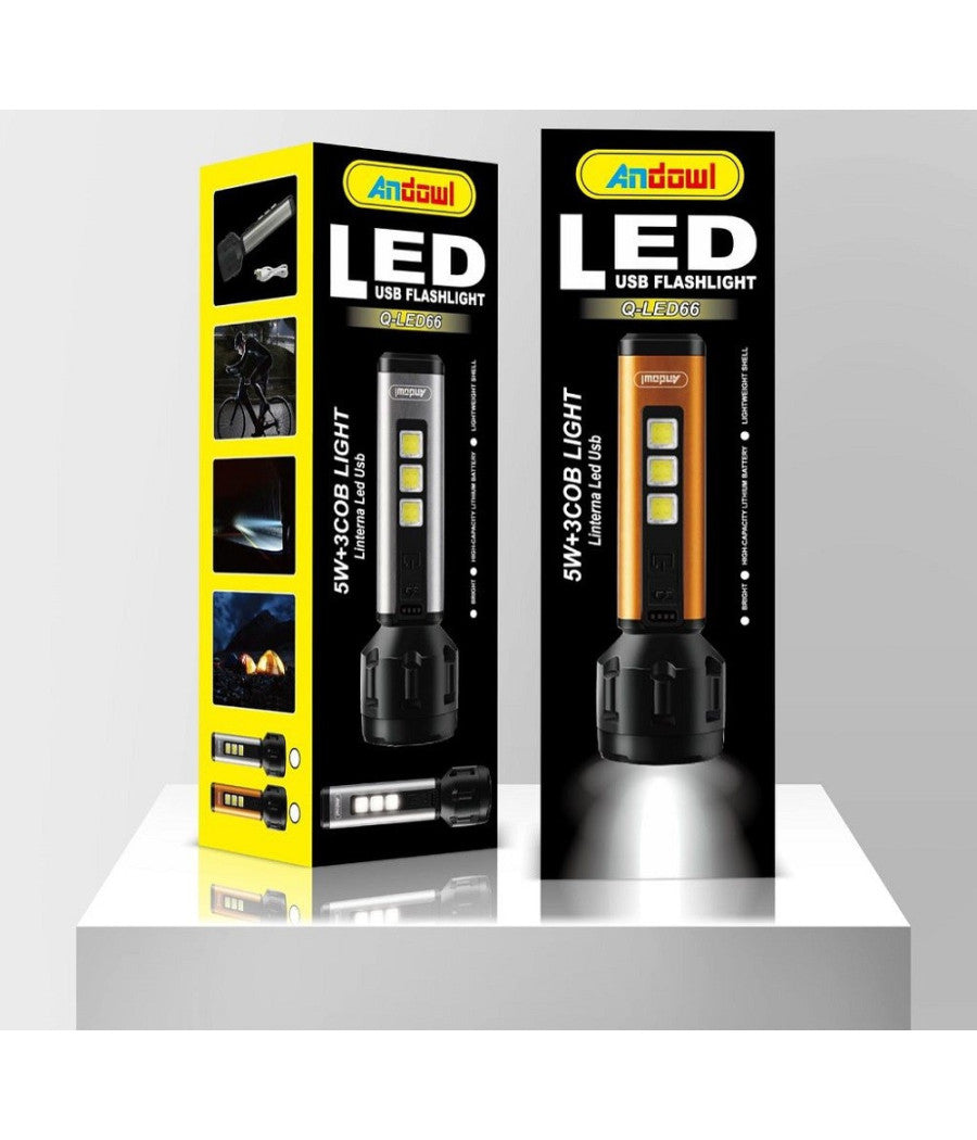 Torcia Led Usb Ricaricabile 5w+3 Luci Cob Campeggio Escursionismo Caccia Q-led66         