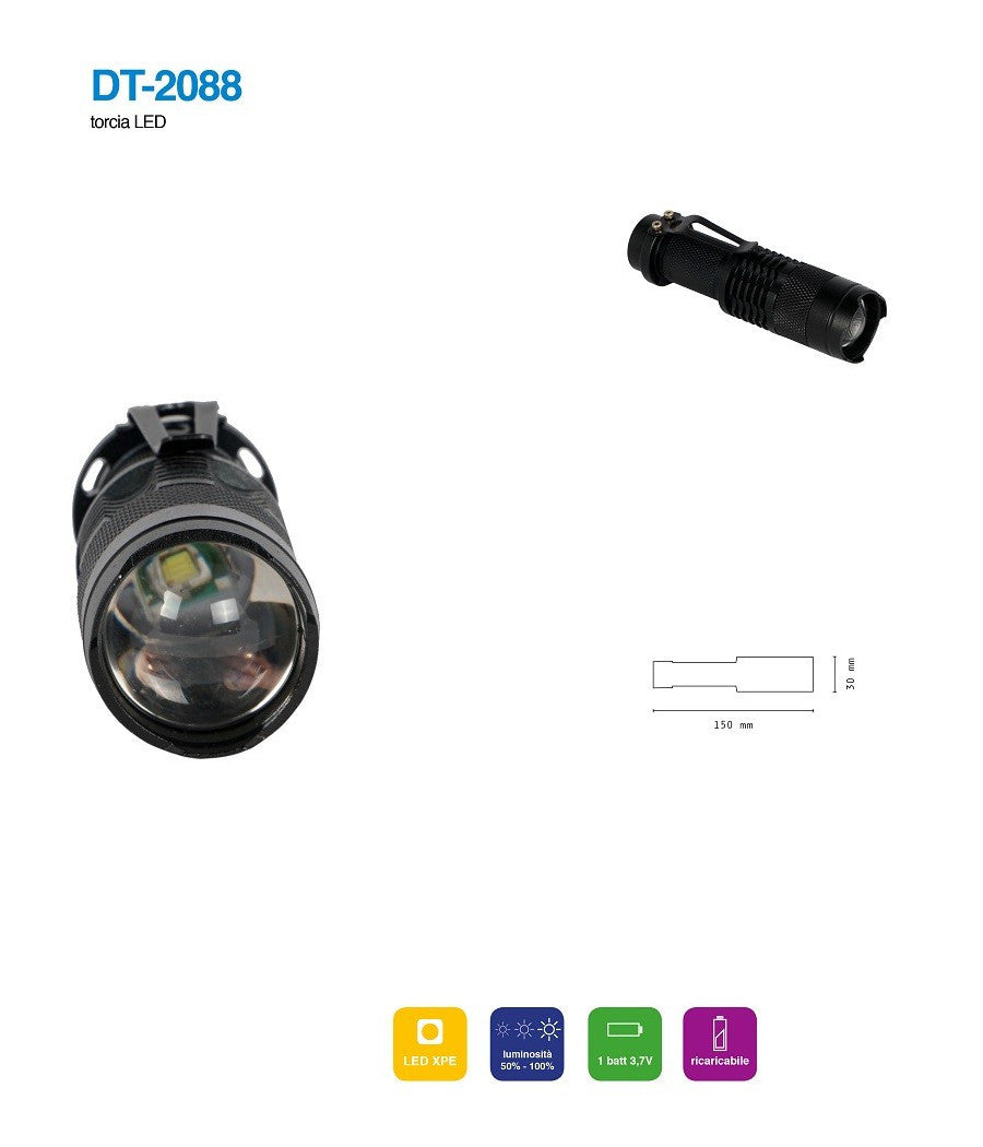 Torcia Led Xpe Ricaricabile Luce Regolabile Ip20 Per Campeggi Escursioni Dt-2088         