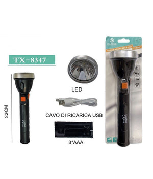 Torcia Ricaricabile Usb Elettrica Luce Led Escursioni Campeggio Lavoro Tx-8347         
