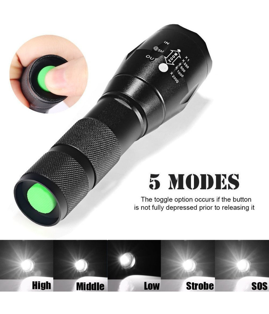 Torcia Tattica Militare A Led Ultra Luminosa 1200 Lmn Impermeabile Con 5 Mod.         