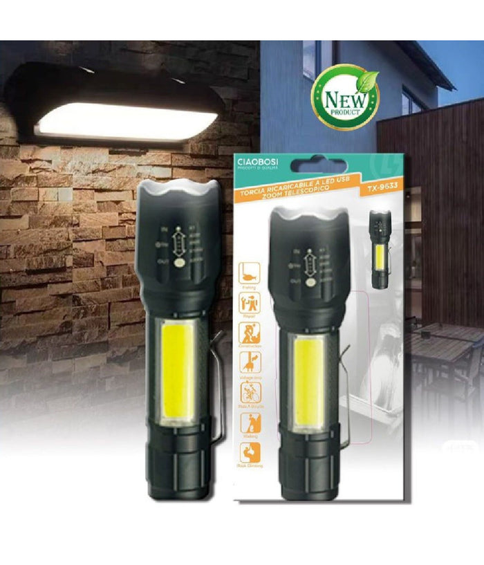 Torcia Tattica Usb Ricaricabile A Led Zoom Telescopico Escursioni Pesca Tx-9633         